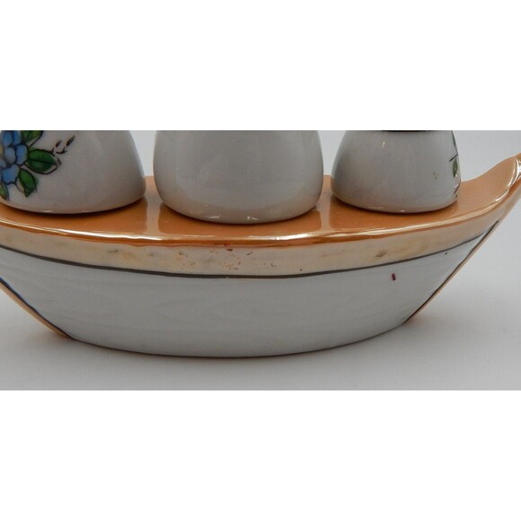Lustreware Condiment Set Salt Pepper Mustard Jar Boat Peach White Floral Canoe - Picture 12 of 12